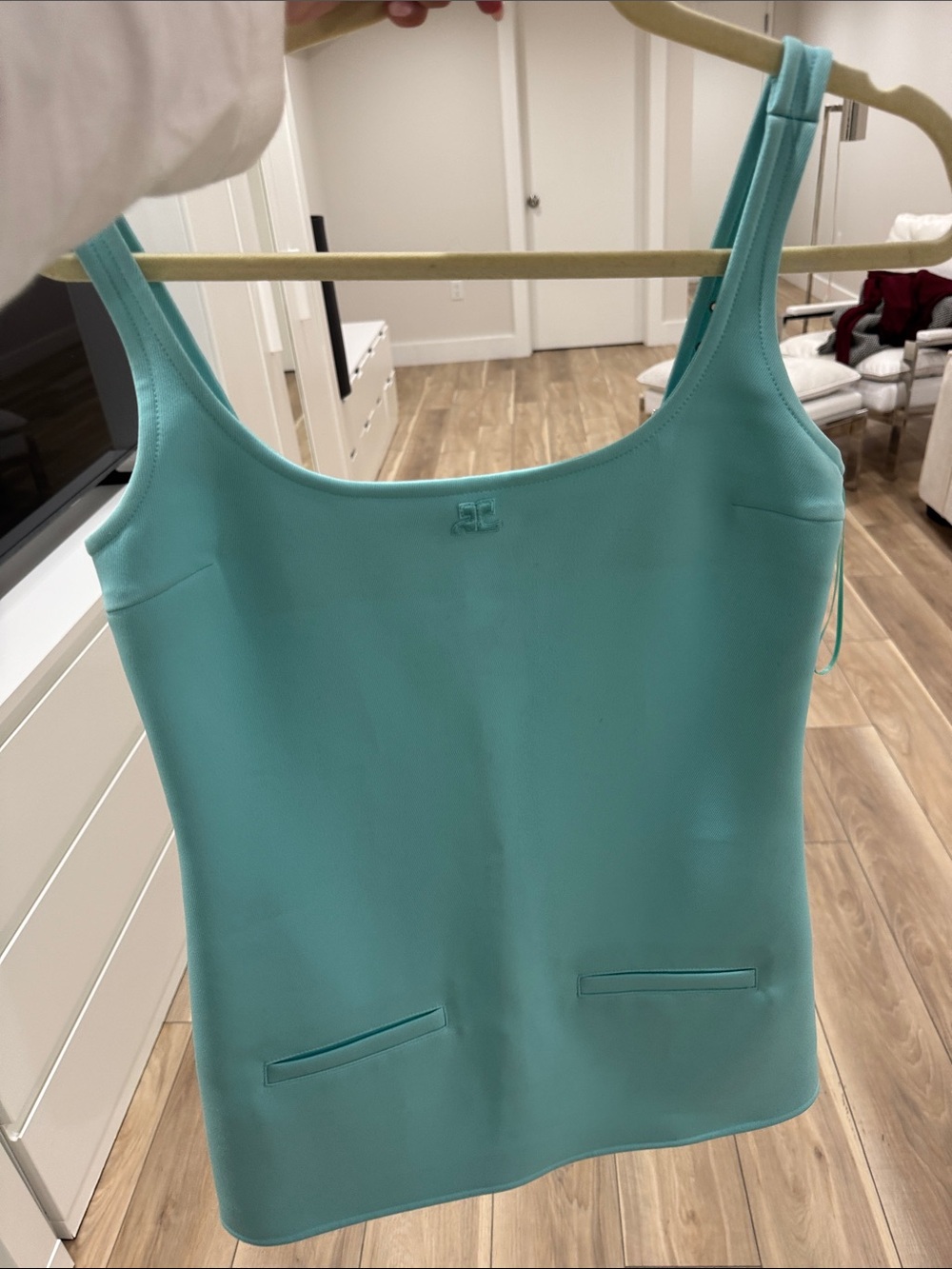 Sleek Aqua Scoop-Neck Camisole with Subtle Pocket Detail